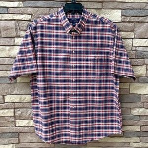 JA John Ashford Button Shirt Mens XL Blue Red Plaid Flannel Short Sleeve Outdoor